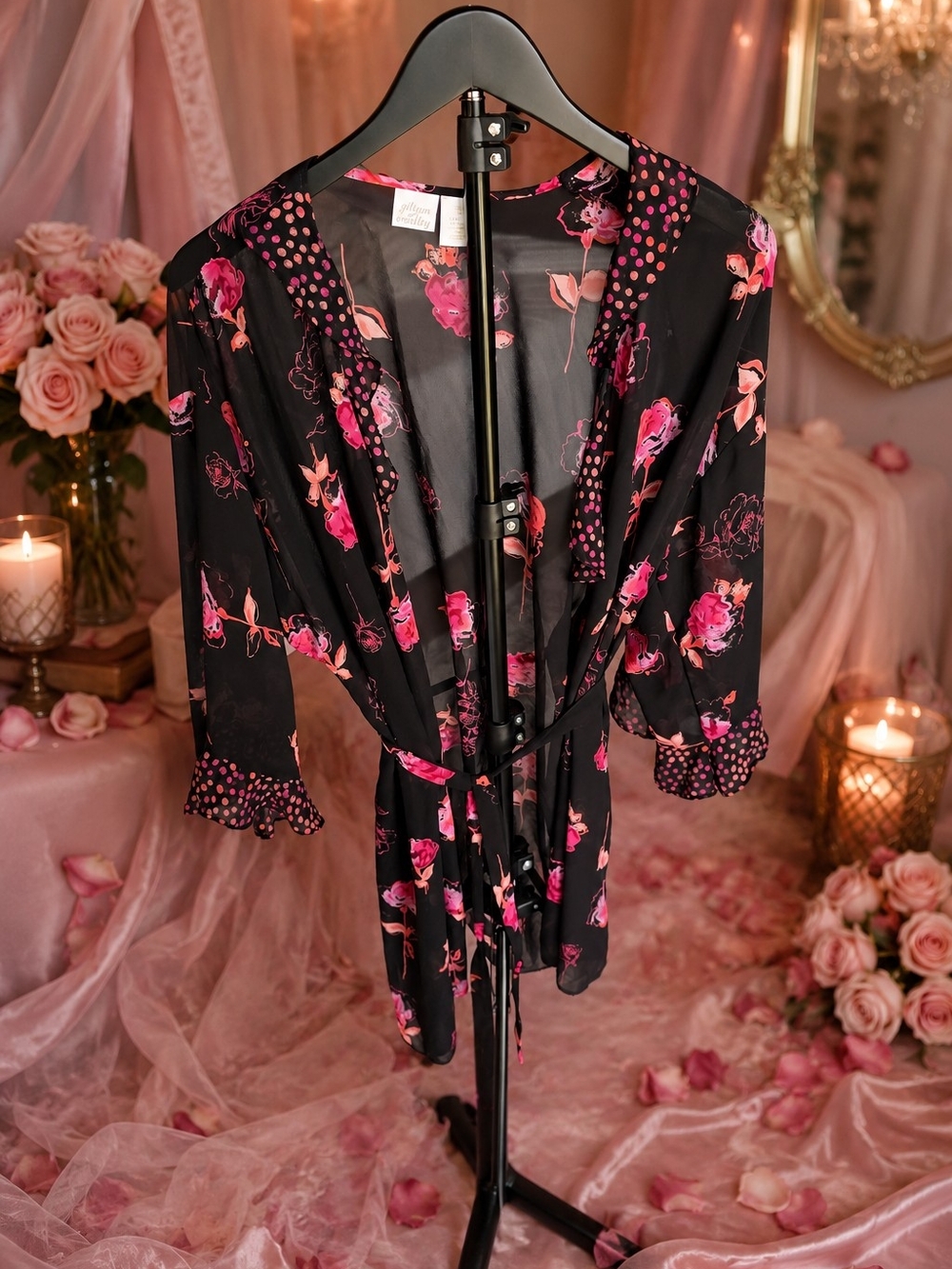 Gilligan & O'Malley Black Satin Robe with Pink Floral Print